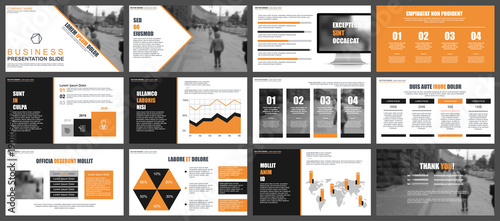 Orange and black business presentation slides templates from infographic elements. Can be used for presentation, flyer and leaflet, brochure, marketing, advertising, annual report, banner, booklet.