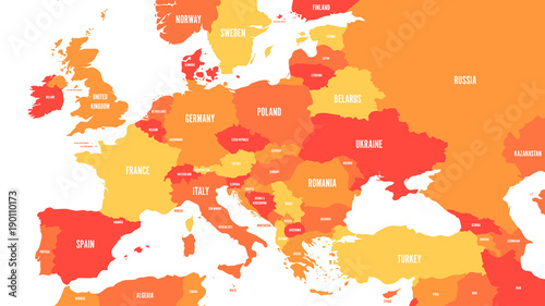 Political map of Europe and Caucasian region in shades of orange on white background. Simple flat vector illustration.