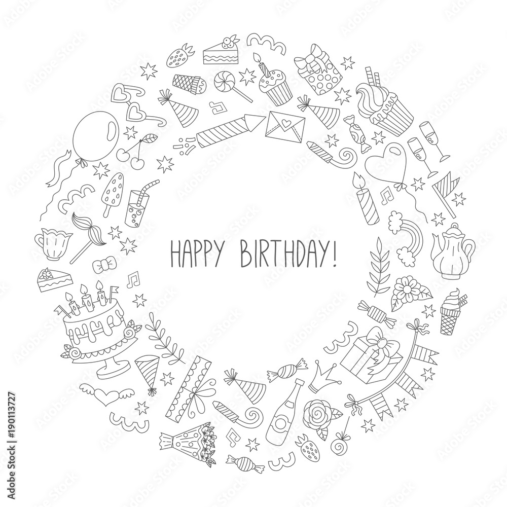 Birthday doodles round vector frame border