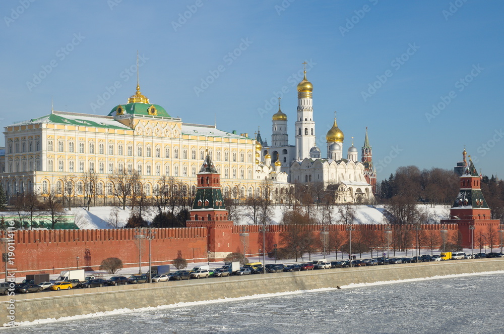 View of the Moscow Kremlin and Kremlevskaya embankment in a Sunny winter day, Moscow, Russia