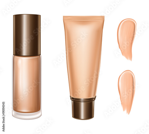 Tonal foundation cream vector 3D bottle and tube. Isolated illustration of realistic tone basis or tonal makeup cosmetic package and smudges on white background for skincare product design template