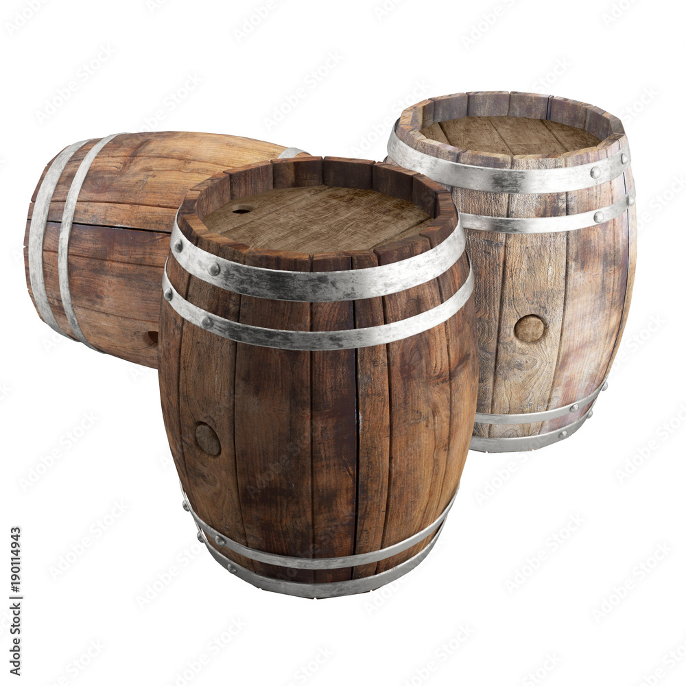 Fototapeta premium Old wine barrel Set - 3d illustration isolated on white background