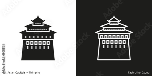 Tashichho Dzong Monastery Icon. Landmark building of Thimphu, the capital city of Bhutan