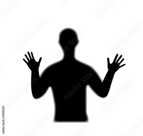Black silhouette of a man touching the glass barrier in front of him, trapped behind glass obstacle, vector illustration