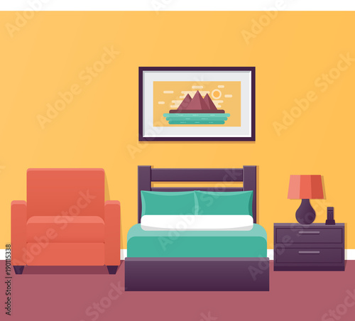 Hotel room interior in flat style. Bedroom house design with bed and armchair. Vector illustration. Single room in inn. Home background with furniture.