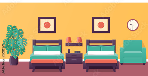 Hotel room flat interior with two beds. Bedroom house design. Vector illustration with furniture and houseplant. Home background.