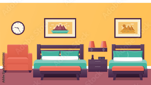 Hotel room in flat design. Bedroom interior with two beds. Vector illustration. Triple room. Home background with furniture and armchair. 