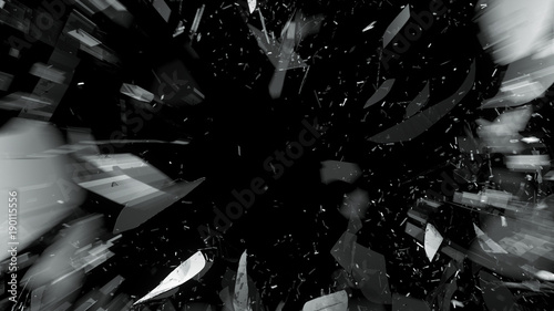 Destructed or Shattered glass on black with motion blur