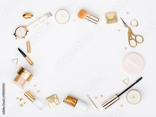 set of decorative cosmetics, makeup tools and accessory on white background with copy space for text. beauty, fashion, party and shopping concept. flat lay frame composition, top view