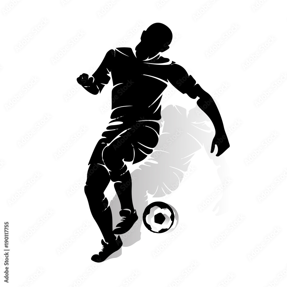 Silhouette of an athlete soccer player playing with a ball, on a white background,