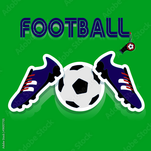 Blue football  shoes, and soccer ball, and football inscription, cartoon on green background,