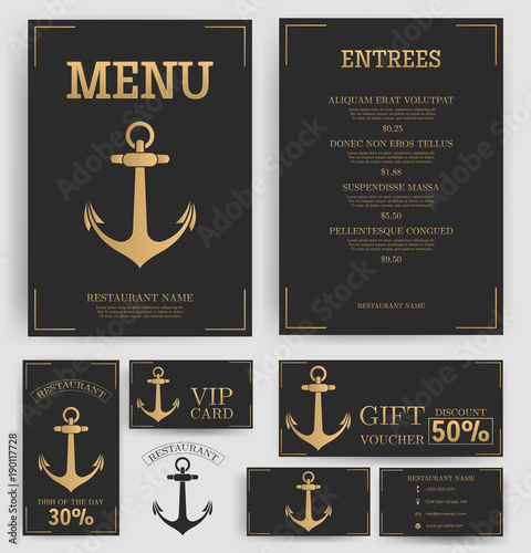 Restaurant menu template. Elegant golden Anchor. Black background. Branding. Business card, flyer, vip card and gift voucher. Vector design.