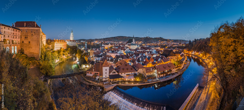 Historic town of Cesky Krumlov at night in fall, Bohemia, Czech Republic