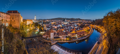 Historic town of Cesky Krumlov at night in fall, Bohemia, Czech Republic