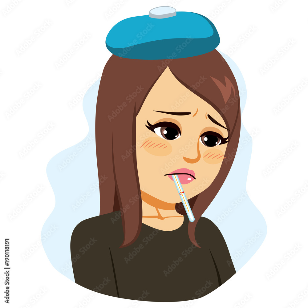 Beautiful young woman having fever with thermometer on mouth Beautiful young woman having fever with thermometer on mouth
