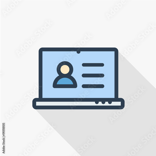 profile, social media user picture, recruitment, resume thin line flat color icon. Linear vector illustration. Pictogram isolated on white background. Colorful long shadow design.