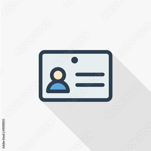 ID card thin line flat color icon. Linear vector illustration. Pictogram isolated on white background. Colorful long shadow design.