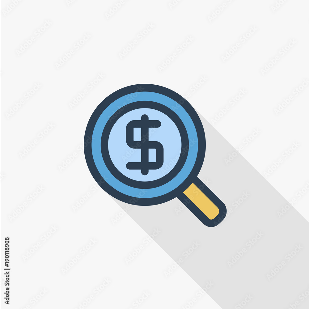 finance and money, magnifying glass with dollar symbol, bank investment search thin line flat icon. Linear vector illustration. Pictogram isolated on white background. Colorful long shadow design finance and money, magnifying glass with dollar symbol, bank investment search thin line flat icon. Linear vector illustration. Pictogram isolated on white background. Colorful long shadow design