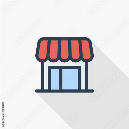 Shop building thin line flat color icon. Linear vector illustration. Pictogram isolated on white background. Colorful long shadow design.