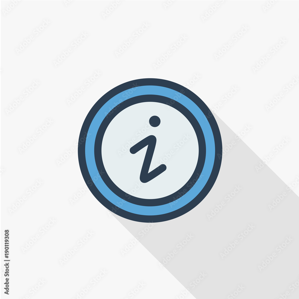 Information, letter i in circle thin line flat color icon. Linear vector illustration. Pictogram isolated on white background. Colorful long shadow design. Information, letter i in circle thin line flat color icon. Linear vector illustration. Pictogram isolated on white background. Colorful long shadow design.
