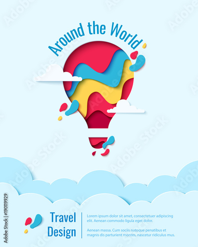 Around the World paper art concept of hot air balloon in sky over clouds. Vector travel origami paper cut banner template