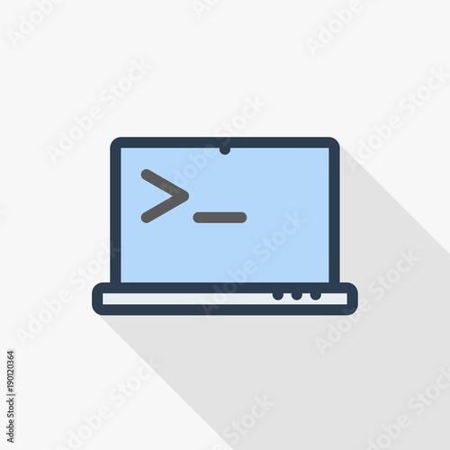 programming code on laptop, application thin line flat color icon. Linear vector illustration. Pictogram isolated on white background. Colorful long shadow design.