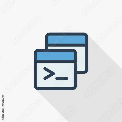 programming code, application thin line flat color icon. Linear vector illustration. Pictogram isolated on white background. Colorful long shadow design.