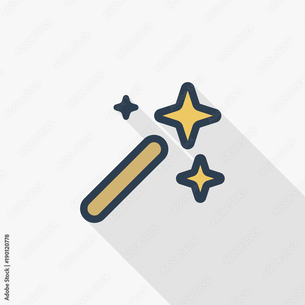 magic wand thin line flat color icon. Linear vector illustration. Pictogram isolated on white background. Colorful long shadow design. magic wand thin line flat color icon. Linear vector illustration. Pictogram isolated on white background. Colorful long shadow design.