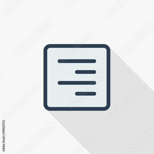 Text position edit  alignment thin line flat color icon. Linear vector illustration. Pictogram isolated on white background. Colorful long shadow design.