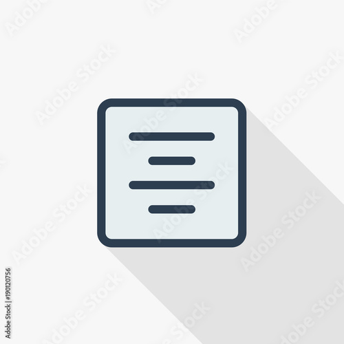Text position edit, alignment thin line flat color icon. Linear vector illustration. Pictogram isolated on white background. Colorful long shadow design.