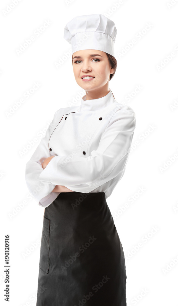 Portrait of female chef on white background Portrait of female chef on white background