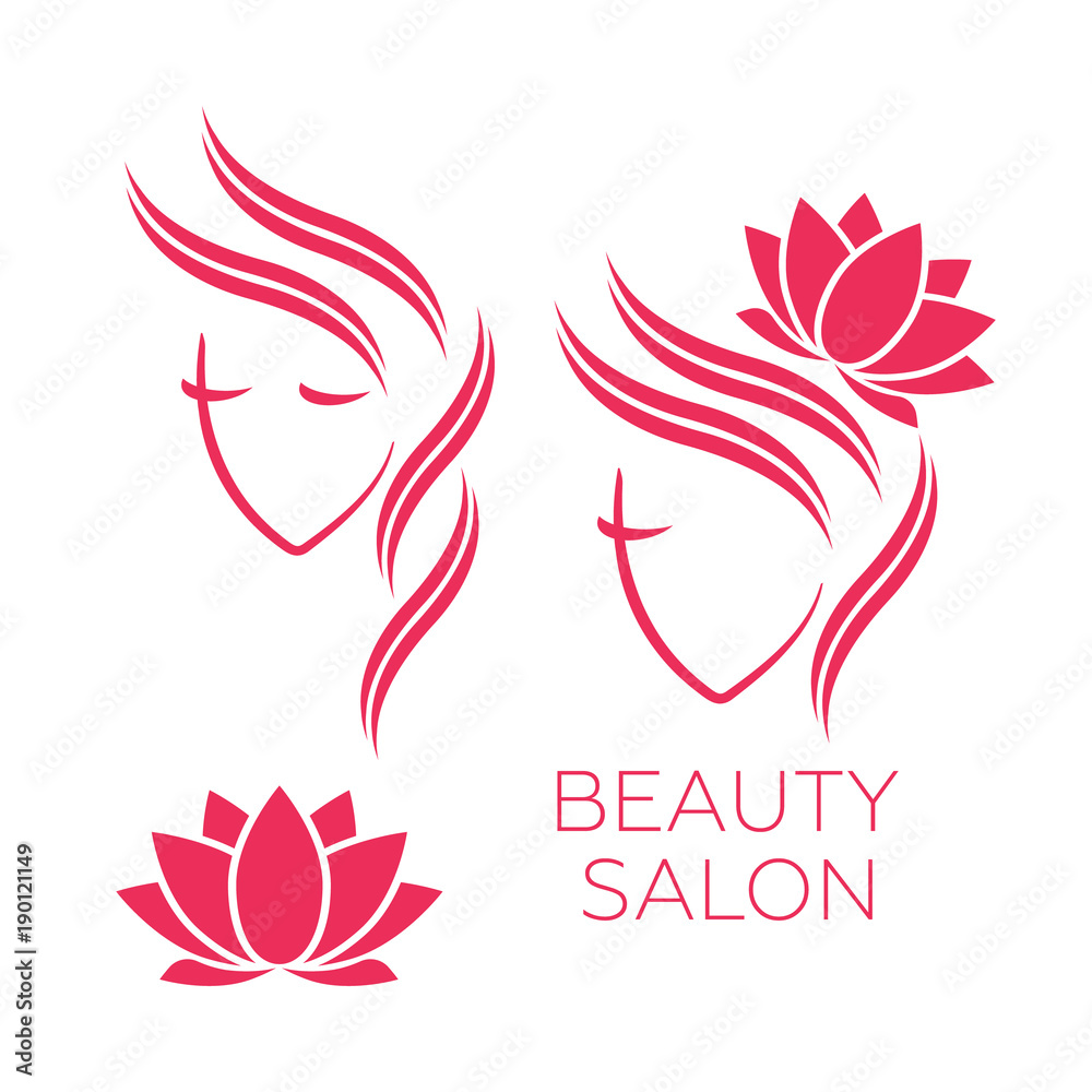 Fototapeta premium Beautiful woman vector logo template for hair salon, beauty salon, cosmetic procedures, spa center. Beauty logo for hair salon