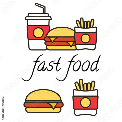 Fast food snacks and drinks flat vector icons. Fastfood icons. Snack bag vector food
