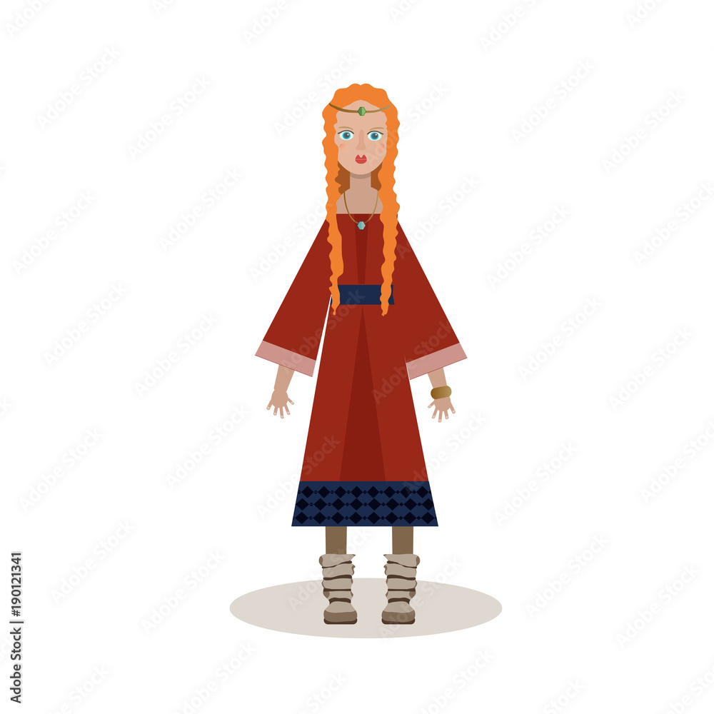 Viking cartoon character. Notable woman viking in a long dress, necklace. Vector illustration. Flat style. Viking cartoon character. Notable woman viking in a long dress, necklace. Vector illustration. Flat style.