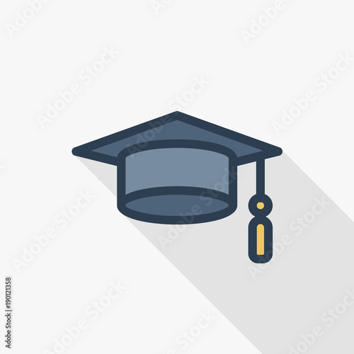 graduation hat thin line flat color icon. Linear vector illustration. Pictogram isolated on white background. Colorful long shadow design.
