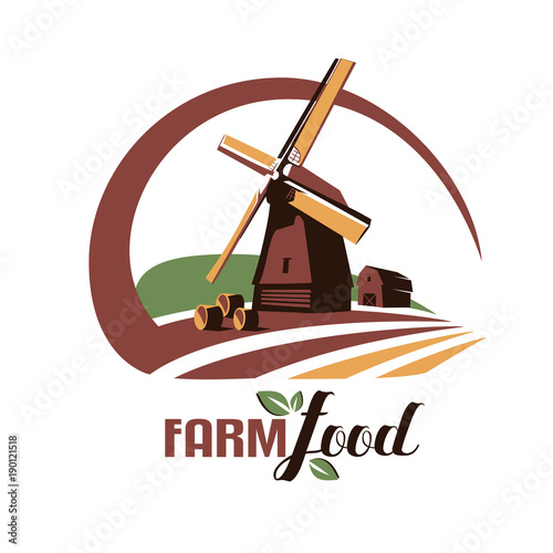 windmill stylized vector symbol, farm food emblem or logo template