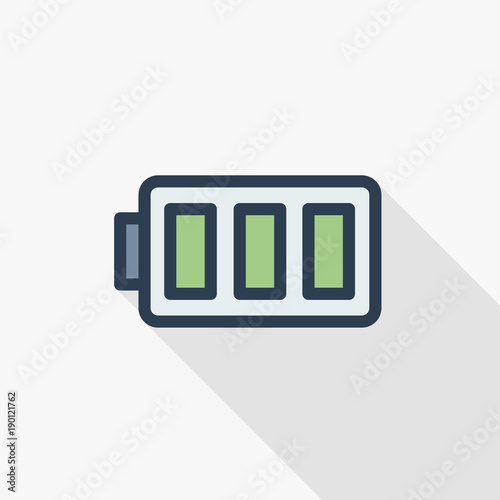 battery charge full thin line flat color icon. Linear vector illustration. Pictogram isolated on white background. Colorful long shadow design.