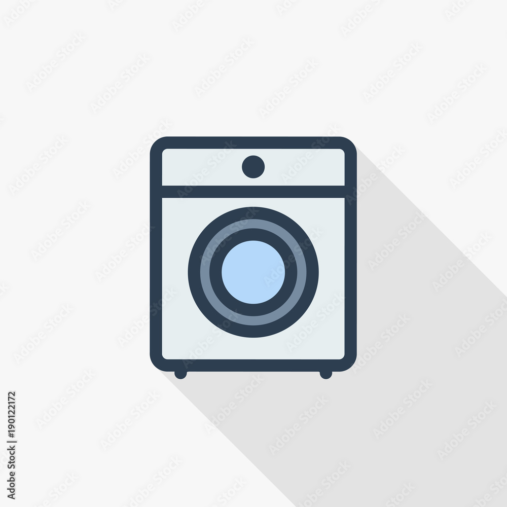 washing machine thin line flat color icon. Linear vector illustration. Pictogram isolated on white background. Colorful long shadow design. washing machine thin line flat color icon. Linear vector illustration. Pictogram isolated on white background. Colorful long shadow design.