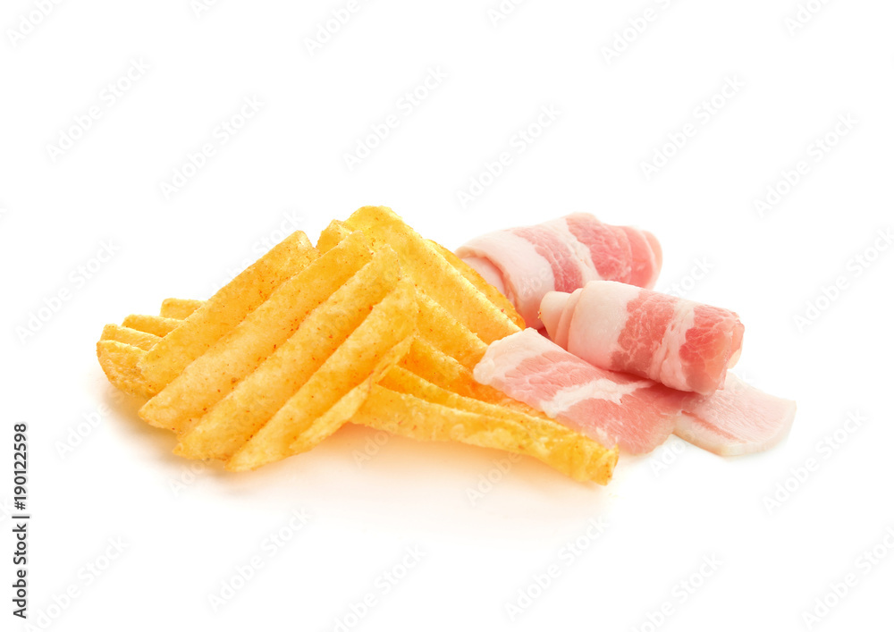 Potato chips and bacon on white background Potato chips and bacon on white background