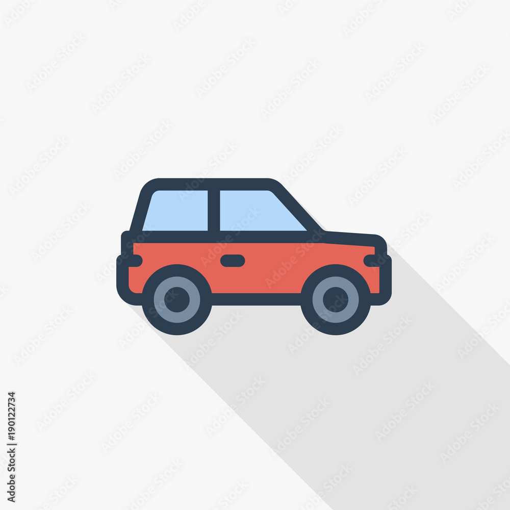 red car, hatchback thin line flat color icon. Linear vector illustration. Pictogram isolated on white background. Colorful long shadow design.