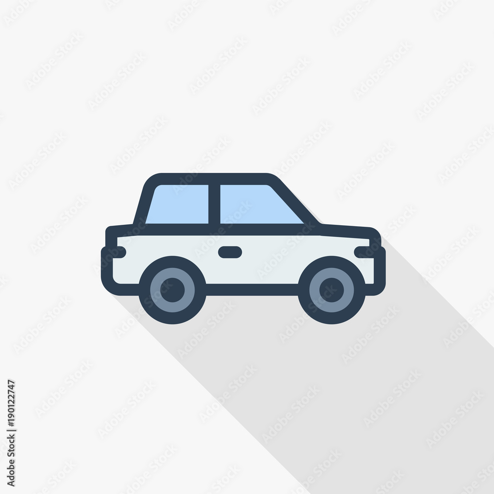 car, hatchback thin line flat color icon. Linear vector illustration. Pictogram isolated on white background. Colorful long shadow design.