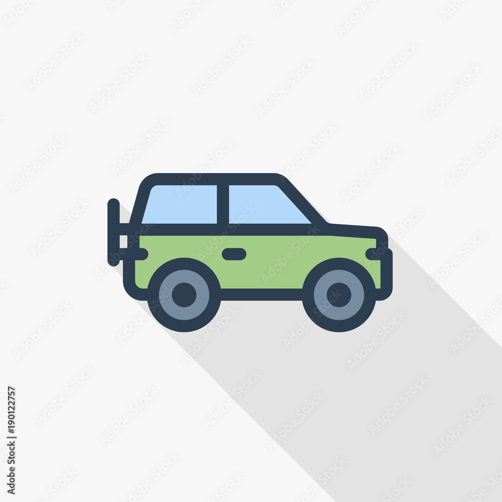 car vehicle thin line flat color icon. Linear vector illustration. Pictogram isolated on white background. Colorful long shadow design.