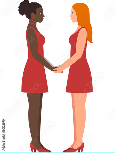 Happy valentines day February 14. Afro american girl and white redhead girl, a lesbian multiracial couple in love, holding hands and looking into each others eyes, in full growth standing. flat design