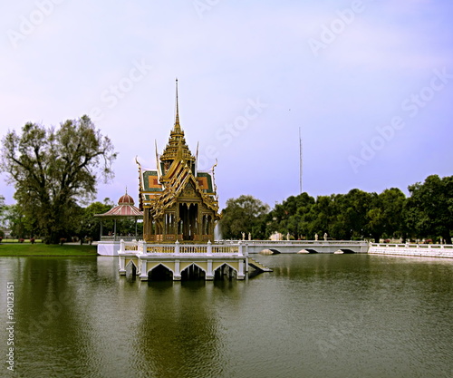 Panoramic of the Aisawan Thiphya-Art (Divine Seat of Personal Freedom), a pavilion constructed in the middle of a pond, Ayutthaya, Thailand.