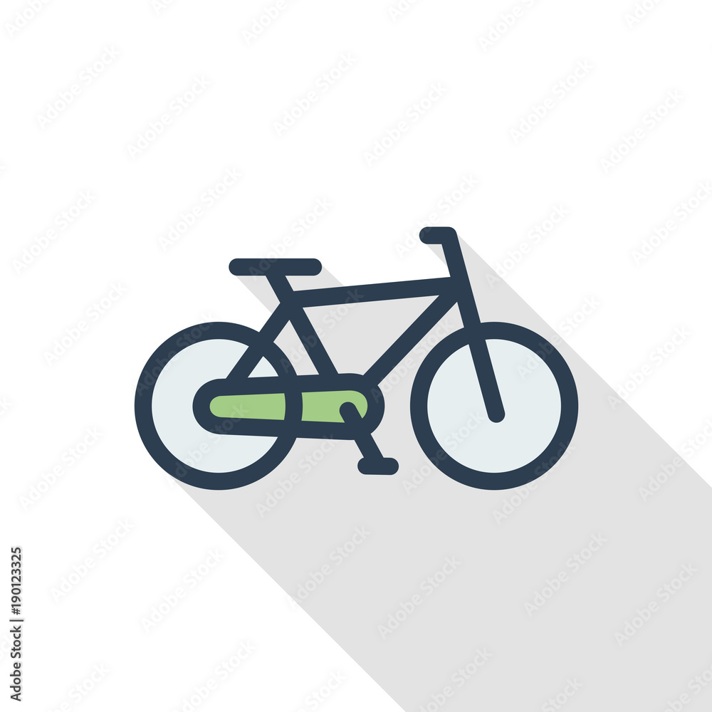 Bicycle, bike thin line flat color icon. Linear vector illustration. Pictogram isolated on white background. Colorful long shadow design. Bicycle, bike thin line flat color icon. Linear vector illustration. Pictogram isolated on white background. Colorful long shadow design.