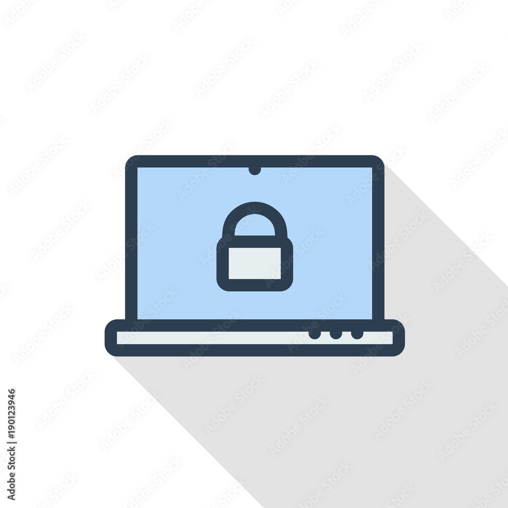 laptop login password, data secure lock, padlock thin line flat icon. Linear vector illustration. Pictogram isolated on white background. Colorful long shadow design. laptop login password, data secure lock, padlock thin line flat icon. Linear vector illustration. Pictogram isolated on white background. Colorful long shadow design.