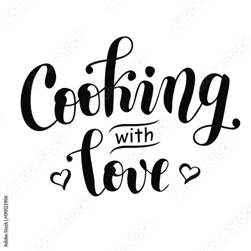 Handwritten modern calligraphy lettering of Cooking with love in black decorated with hearts isolated on white background for decoration, logo, poster, cookbook, restaurant, cafe, recipe book