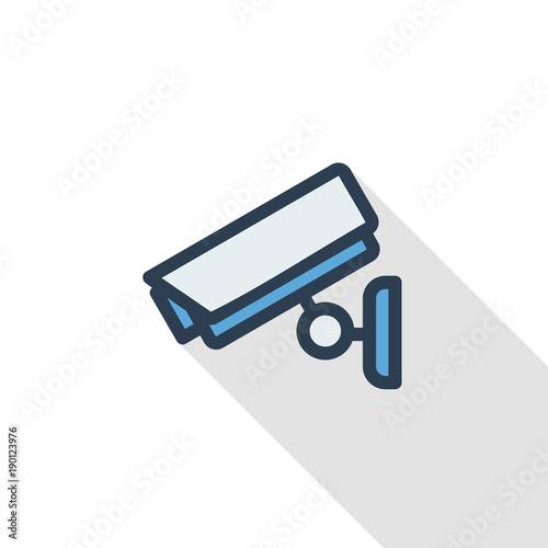 cctv, security digital camera, protection thin line flat icon. Linear vector illustration. Pictogram isolated on white background. Colorful long shadow design.