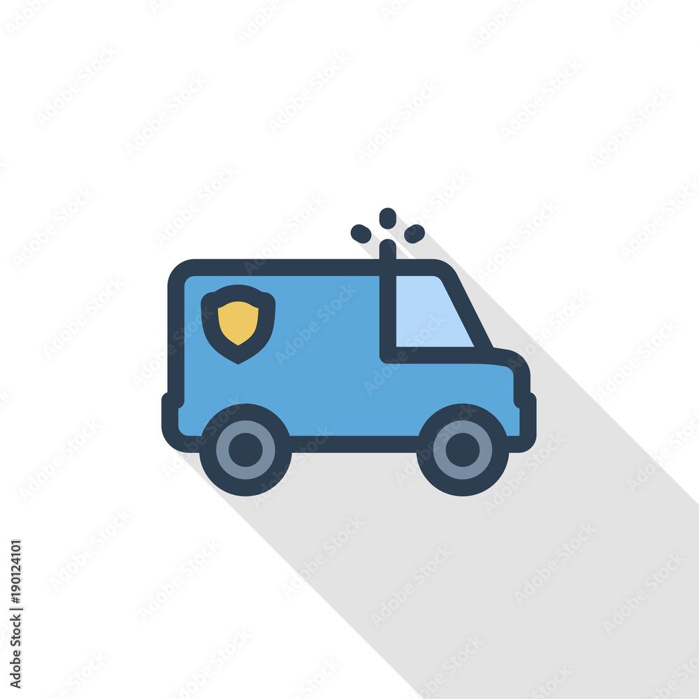police car thin line flat color icon. Linear vector illustration. Pictogram isolated on white background. Colorful long shadow design.