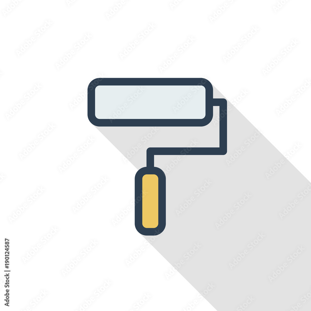 Paint Roller tool thin line flat color icon. Linear vector illustration. Pictogram isolated on white background. Colorful long shadow design. Paint Roller tool thin line flat color icon. Linear vector illustration. Pictogram isolated on white background. Colorful long shadow design.